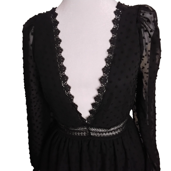 Shein Women's Black Scheer Deep V-Neck Long Sleeve Swiss Dot Tie Mini Dress L - Picture 3 of 9
